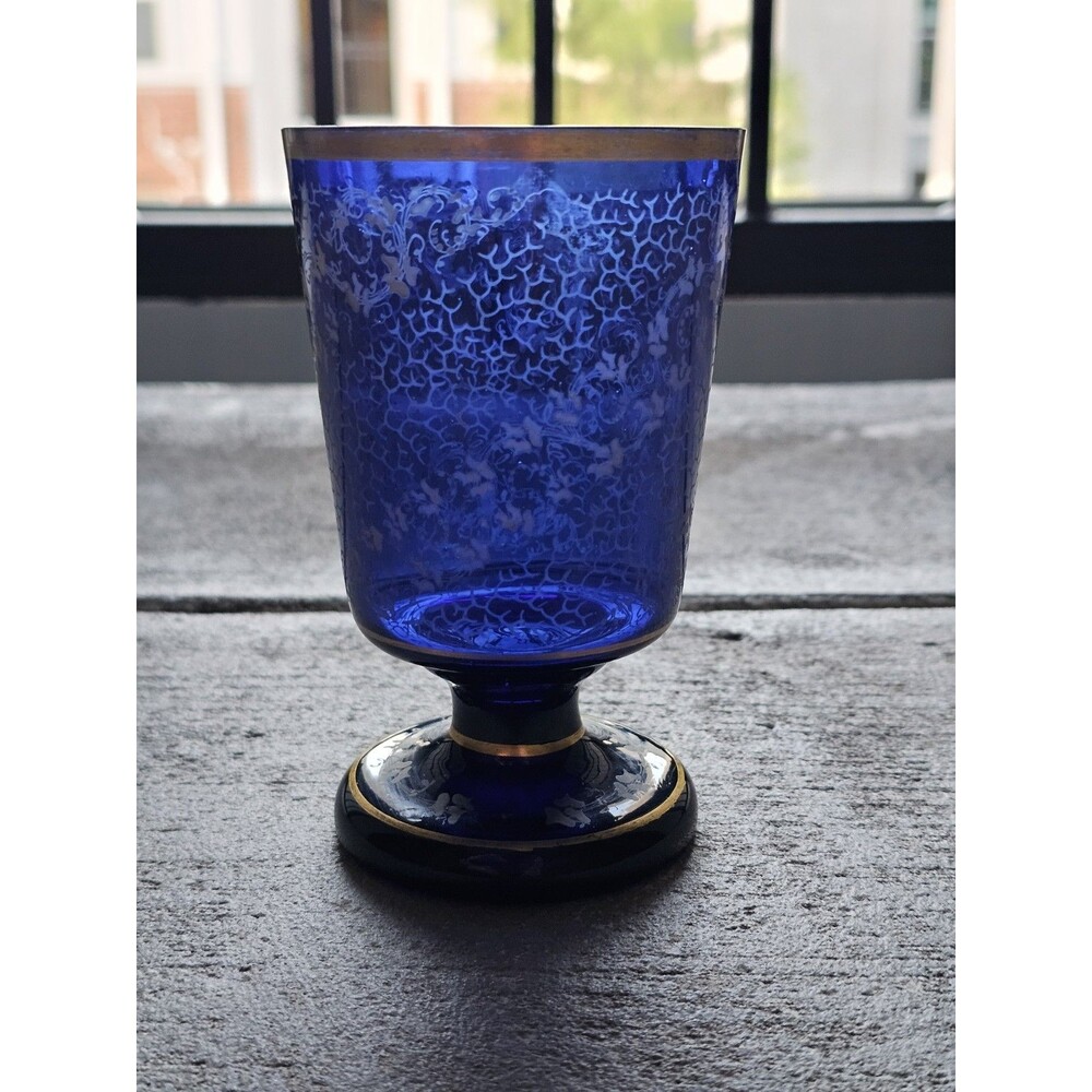 Vintage Cobalt Glass Footed Beaker Hand Enameled White Scrollwork Gold Rim